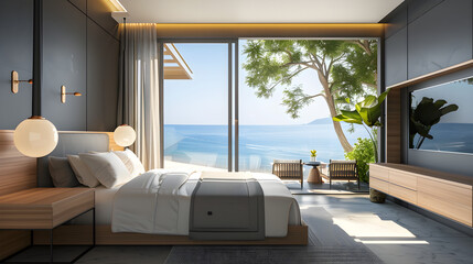 Fototapeta premium Interior of a luxurious modern bedroom with beautiful decor in a summer resort