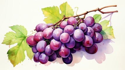 Fototapeta premium A watercolor painting of a bunch of purple grapes with green leaves on a white background.