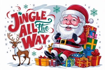 A cartoon santa claus is sitting on a sleigh with reindeer, AI