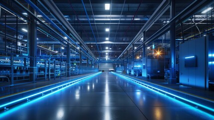 Futuristic data center glowing with blue lights
