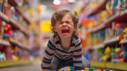 A little child is hysterical in a toy store. Concept of child tantrum due to brain immaturity. Child psychology. Happy parenthood