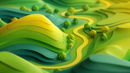 Abstract green and yellow rolling hills with scattered trees