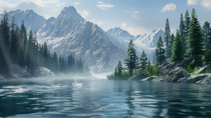  a misty mountain lake, a freestyle swimming sprint takes place, nestled between towering peaks under a serene blue sky, with pine trees lining the shore. - Powered by Adobe