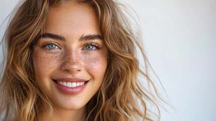 Fototapeta premium Smiling young woman with a natural expression, showcasing her beauty and wellness