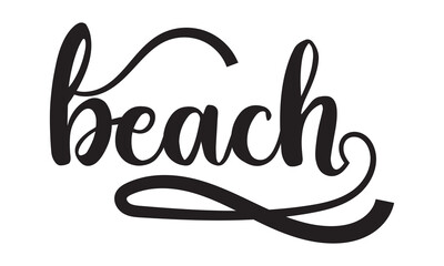 Obraz premium Beach text. Only one single word. Printable graphic tee. Design for print. Vector. Monoline calligraphy style. isolated on white background. Vector illustration. EPS 10 