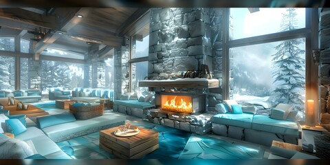 Luxurious Ski Lodge: Fireplace, Cozy Nooks, Spa, and Scenic Trails. Concept Ski Lodge, Fireplace, Cozy Nooks, Spa, Scenic Trails