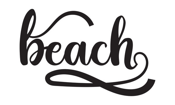 Beach text. Only one single word. Printable graphic tee. Design for print. Vector. Monoline calligraphy style. isolated on white  background. Vector illustration. EPS 10

