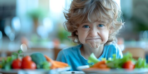 Child making a face while rejecting vegetables at dinner. Concept Family Dinner, Child Behavior, Picky Eater, Food Rejection, Parenting Challenges