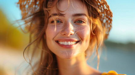 Smiling young woman with a natural expression, showcasing her beauty and wellness