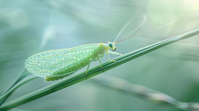 A delicate green lacewing perched on a blade of grass, its wings shimmering in the sunlight