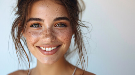 Smiling young woman with a natural expression, showcasing her beauty and wellness
