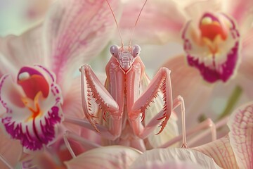 A beautiful pink orchid mantis sits on a flower.