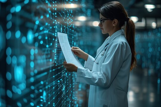 A medical worker works with an electronic database and documents Technology and access information, database, storage, Digital link tech, big data