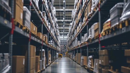 Obraz premium Labeled crates and boxes on industrial shelving units in a warehouse