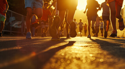 Amidst a bustling cityscape, young athletes participate in a kids' run race, their feet pounding...