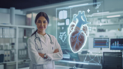 Fototapeta premium A professional doctor in a modern office, interacting with advanced digital displays, showcasing a holographic heart, reflecting cutting-edge medical technology and healthcare expertise.