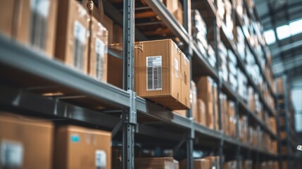 Warehouse aisle with shelves packed with various crates and boxes