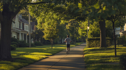  A man embarks on a solitary run through the tranquil beauty of a suburban neighborhood. The quiet streets stretch out before him, lined with trees and neatly manicured lawns.