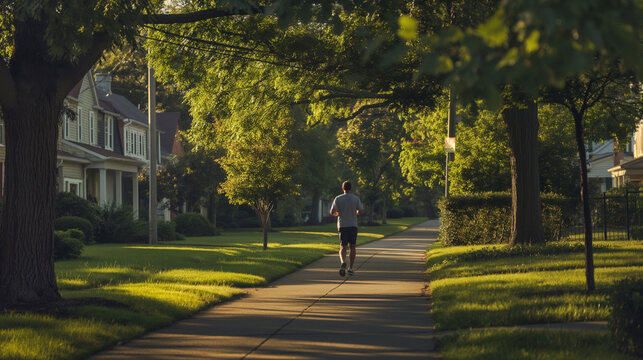  A man embarks on a solitary run through the tranquil beauty of a suburban neighborhood. The quiet streets stretch out before him, lined with trees and neatly manicured lawns. - Powered by Adobe