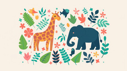 Vibrant illustration featuring a giraffe and an elephant surrounded by various colorful plants and animals, showcasing a lively and playful scene.
