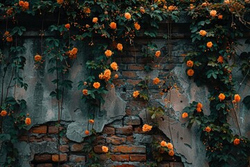 A brick wall covered in vibrant orange flowers. Perfect for garden and outdoor design concepts