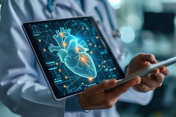 Cardiologist doctor examine heart functions and check up report electronic medical record of patient on tablet Digital healthcare and network connection on interface, Science Medical technology