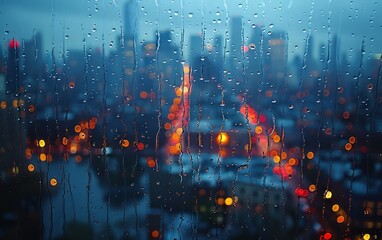 Cityscape view through a rain-streaked window, with blurred lights and skyscrapers creating a dreamy urban atmosphere.