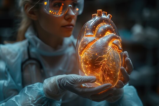 Cardiologist on blurred background using digital x-ray of human heart holographic scan projection 3D rendering - Powered by Adobe