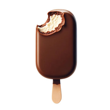 A realistic chocolate-covered ice cream bar on a wooden stick with a bite taken out of it, shown on a transparent background