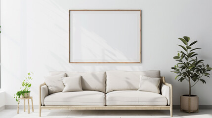Empty blank horizontal poster frame mockup in a Scandinavian style living room interior with a white color scheme. 1 frame on the wall above a minimalist sofa, natural light flooding in.