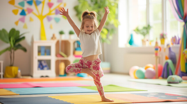 A little girl in a bright room stands tall on one leg, practicing the yoga tree pose with a smile of concentration lighting up her face.