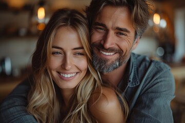 Smiling couple posing closely together for a cozy, intimate photo