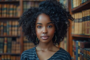 Confident young black woman posing in front of a library bookshelf backdrop
