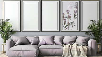Five blank horizontal poster frames in a Scandinavian style living room with a lavender and gray...