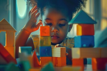 A young girl playing with colorful blocks. Great for educational or child development concepts
