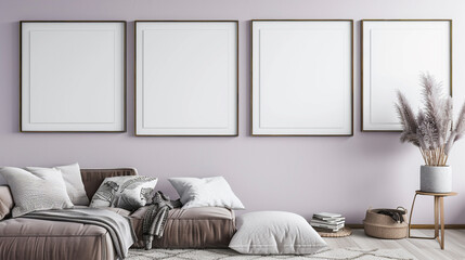 Four blank horizontal poster frames in a Scandinavian style living room with a light lavender color scheme. Frames are staggered vertically beside a cozy reading nook.