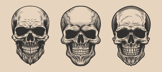 Set of vintage retro scary hipster skull. Can be used like emblem, logo, badge, label. mark, poster or print. Monochrome Graphic Art. Vector. Hand drawn element in engraving	
