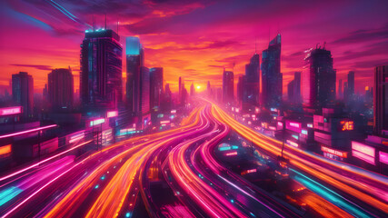Fototapeta premium Night Drive: Urban Cityscape with Speeding Traffic