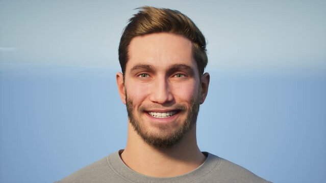 3D animation of the facial expression of a man, from an expression of surprise to an expression of joy.