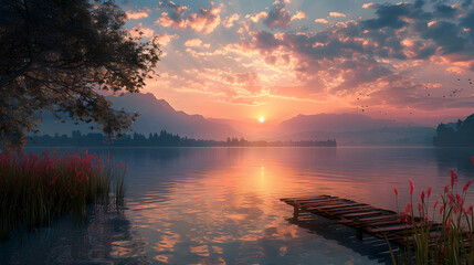 Peaceful Sunrise: Serene Lake at Dawn, Symbolizing Positive Energy and Tranquility   Photo Stock Concept