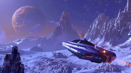 A blue spaceship is flying through the sky above a snowy mountain range