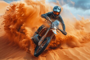 An action-packed image of a motorcycle rider racing through a desert, depicting speed and adventure