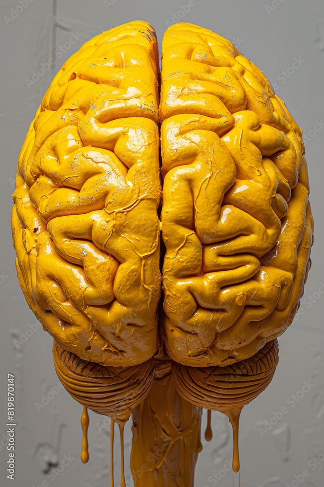 Canvas Prints A yellow sculpture of a brain with dripping paint on it, AI