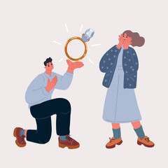 Cartoon vector illustration of Marry Me. Happy man holding engagement ring to excited girlfriend asking her to be his wife during romantic date standing on one knee