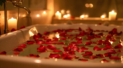 A bathtub filled with rose petals and lit candles