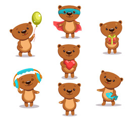 A set of brownr bear babyes. Cute children's vector illustration.