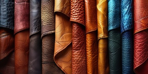 A sample collection of luxury leather material in various colors, ideal for fashion and furniture design.