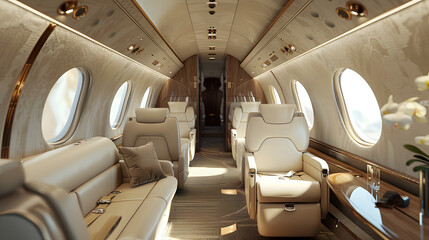 The interior of a large airplane with a white and gold color scheme
