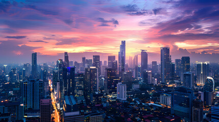 A city skyline at sunset with a purple sky