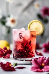 A glass of pink drink with a slice of lemon on top